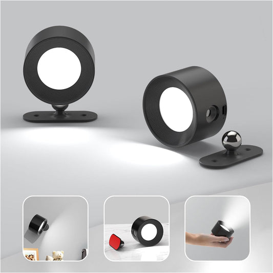 Koopala 2PCS Rechargeable Battery Operated LED Wall Lamps, Wall Mounted Lights with 3 Brightness 3 Color Temp Removable Charging 360°Rotate Magnetic, Cordless Wall Sconces for Reading Bedside-Black