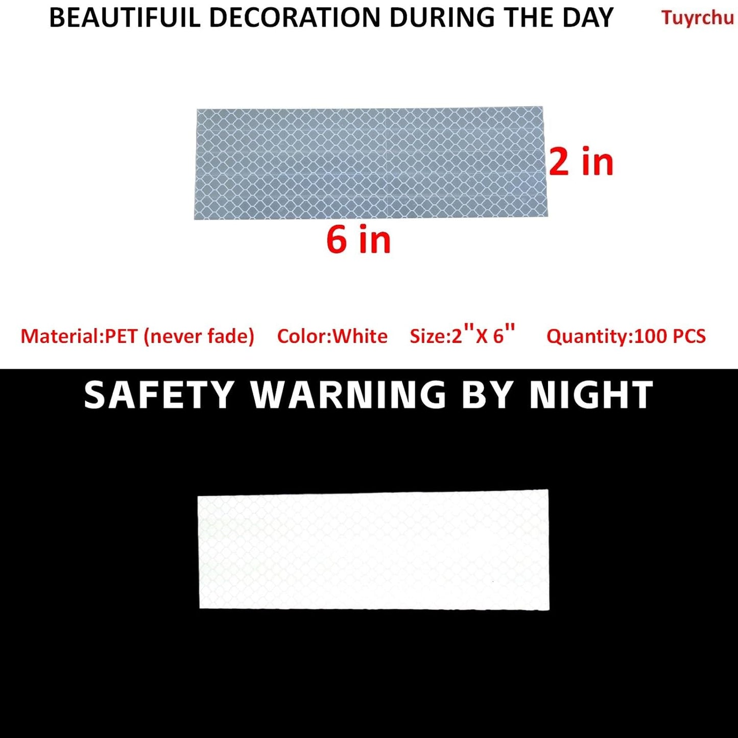 Non Fading White Reflective Stickers 2 inch X 6 inch, Outdoor Waterproof High Visibility Warning Safety Adhesive Reflector Tape (100 Pcs)