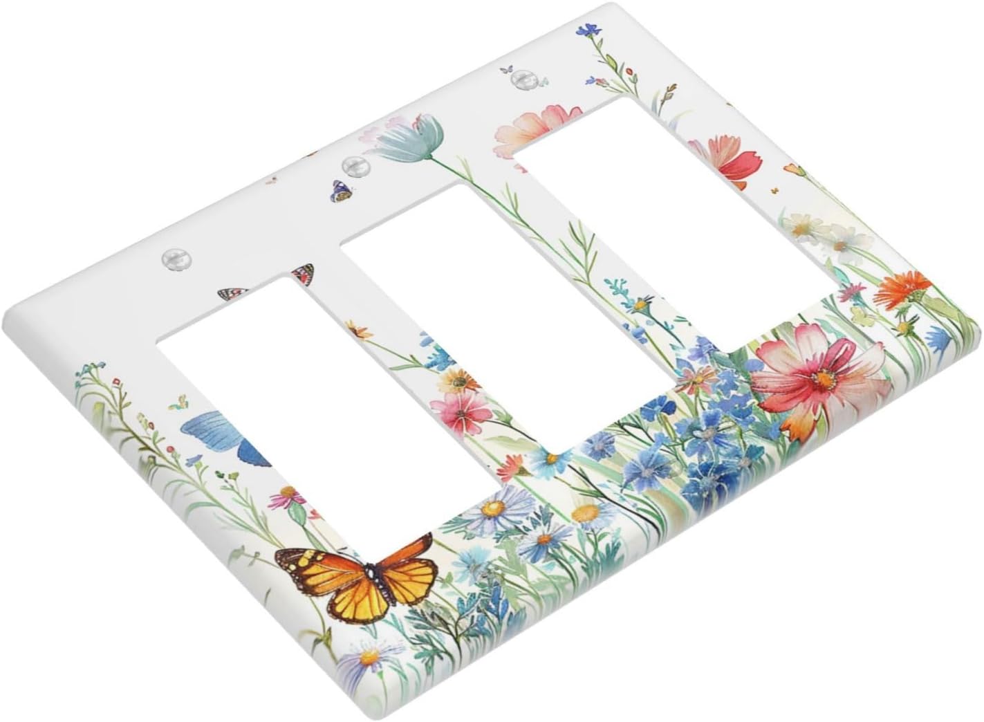 Decorative Outlet Covers Rustic Wildflower Blue Pink Floral Butterfly 3 Gang Light Switch Cover Plate Triple Rocker Wall Plates for Electrical Outlets Switch Plate Covers for Home Decor