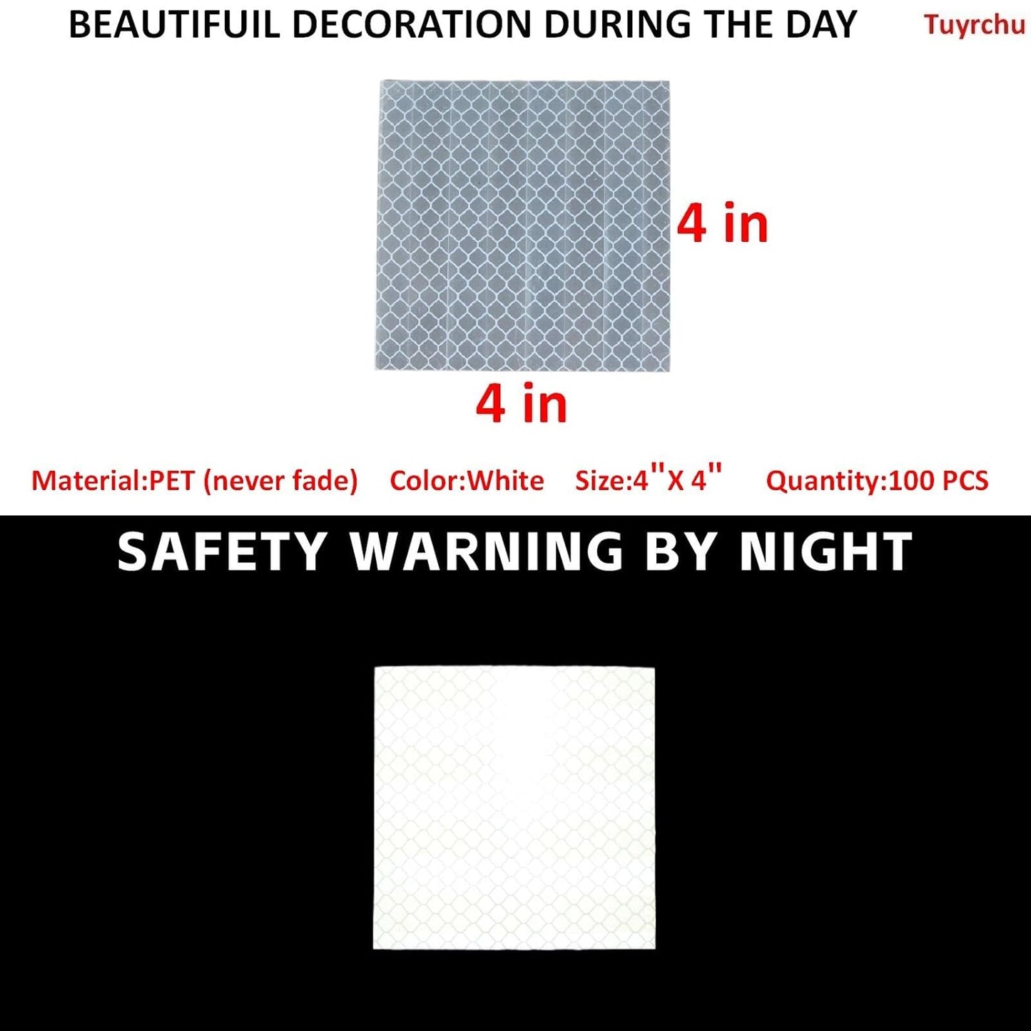 Non Fading White Reflective Stickers 4 inch X 4 inch, Outdoor Waterproof High Visibility Warning Safety Adhesive Reflector Tape (100 Pcs)