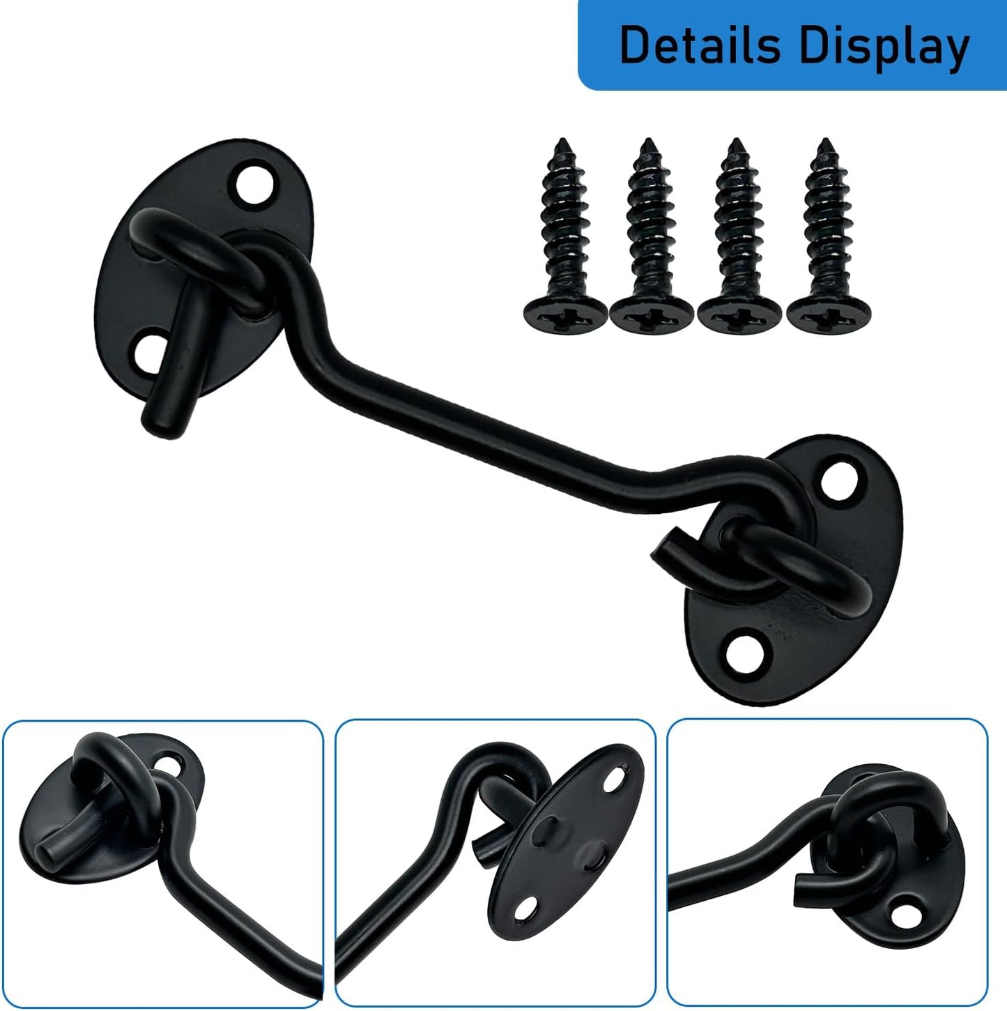 4 Pack 4" Hook and Eye Gate Latch, Stainless Steel Rust-Resistant Barn Door Lock Cabin Hooks for Gate Shutters Window Slide Barn Shed Cabinet Bathroom, with 16pcs Screw,Black