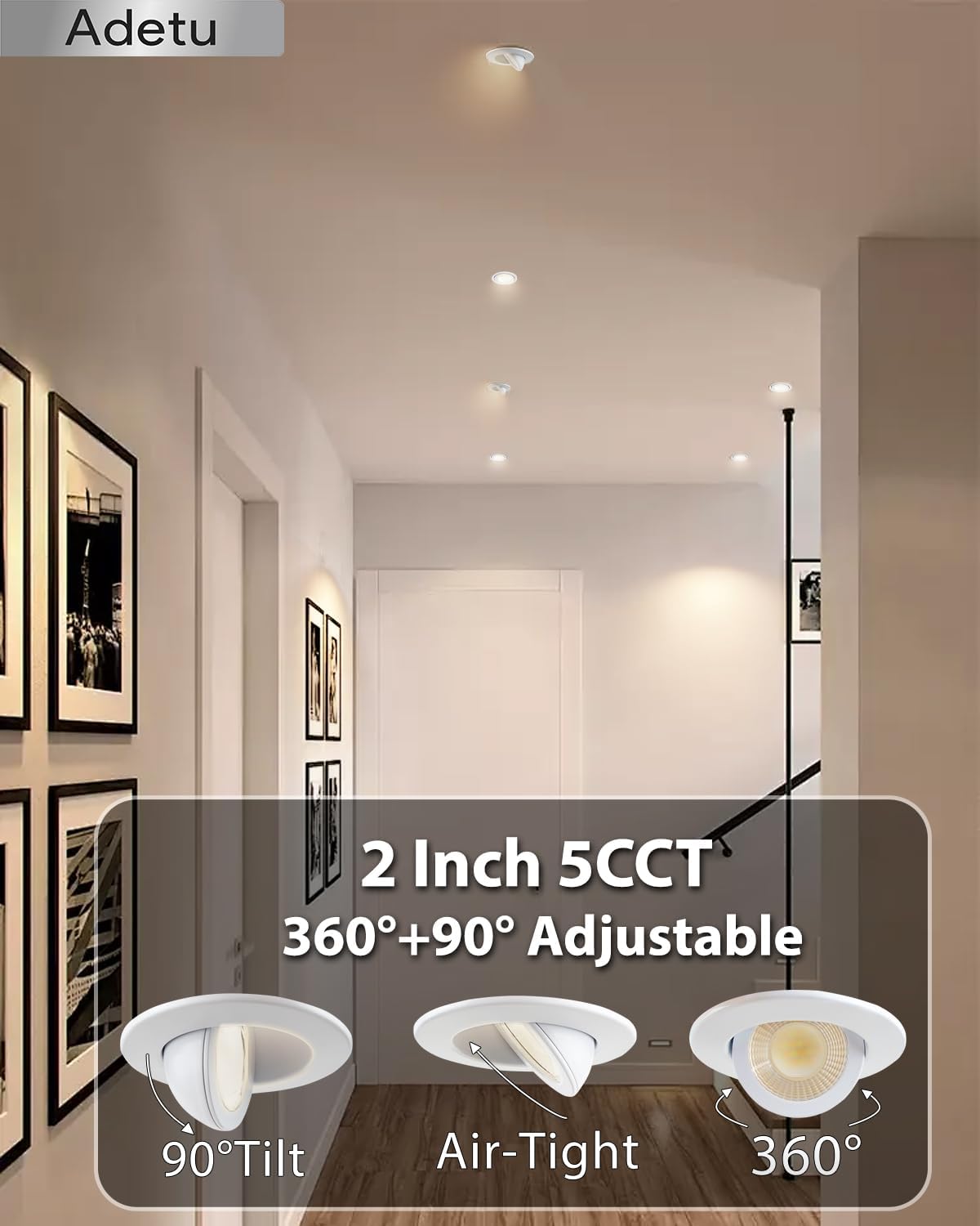 Adetu 2 Inch 5CCT Gimbal Led Recessed Lighting with Junction Box, 360°+90° Adjustable Recessed Can Lights, 2700K/3000K/3500K/4000K/5000K Selectable, 5W Eqv 50W, 550LM Brightness - ETL (White,6 Pack)