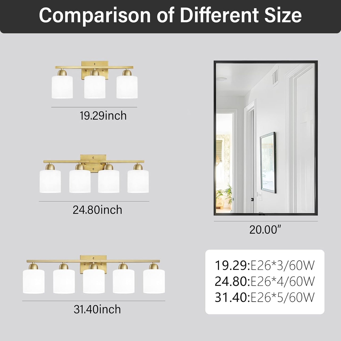 4 Light Gold Light Fixture Bathroom, Brushed Gold Vanity Light with Milky White Frosted Glass Shades, Lights for Bathroom Mirror for Living Room Bedroom Hallway E26 Base