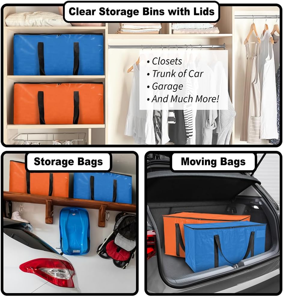 ClearSpace Heavy Duty Moving Bags or Storage Bags – Storage Bins with Lids, Large Moving Boxes with Backpack Straps & Zippers,– Packing Box & Moving Supplies for College Dorm, 4 Pack