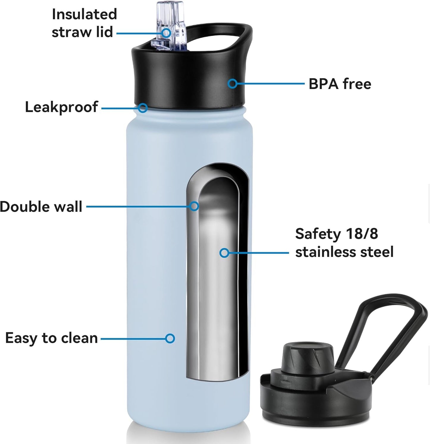 16 oz Insulated Water Bottle with Straw Lids, Stainless Steel Kids Water Bottles for School, Double Wall Vacuum Metal Water Bottle with Straw & Wide Mouth Lid, Light Blue 1 Pack