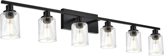 6-Light Seeded Glass Vanity Light Fixtures in Matte Black Finish, 45.3 Inches Length Modern Bathroom Wall Lighting Over Mirror Wall Mount Lights