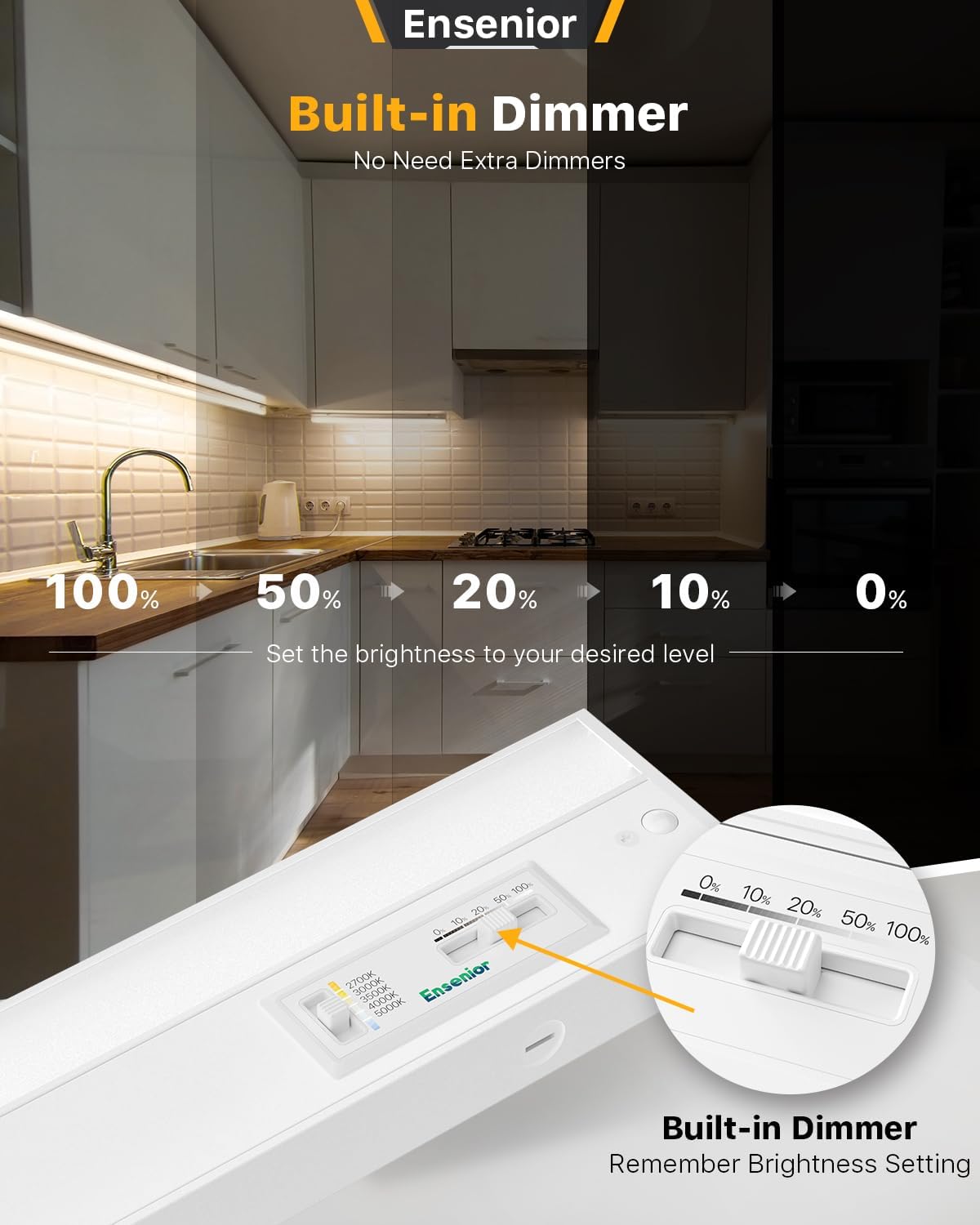 Ensenior 18 Inch LED Under Cabinet Lighting Hardwired, 5CCT, 10W 650LM, 2700K/3000K/3500K/4000K/5000K, Wired Under Cabinet Lights, Dimmable Under Counter Lights for Kitchen, FCC, 1 Pack