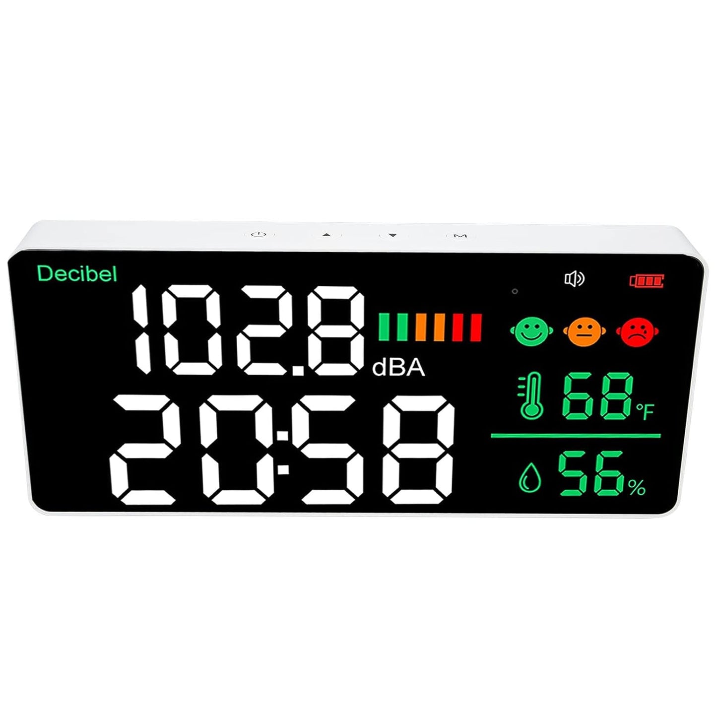 Decibel Meter Sound Level Reader, 11 Inch LED Display with Time Temperature Humidity, 30-130db Range - Sensor, Adjustable Brightness, USB Rechargeable for Home of