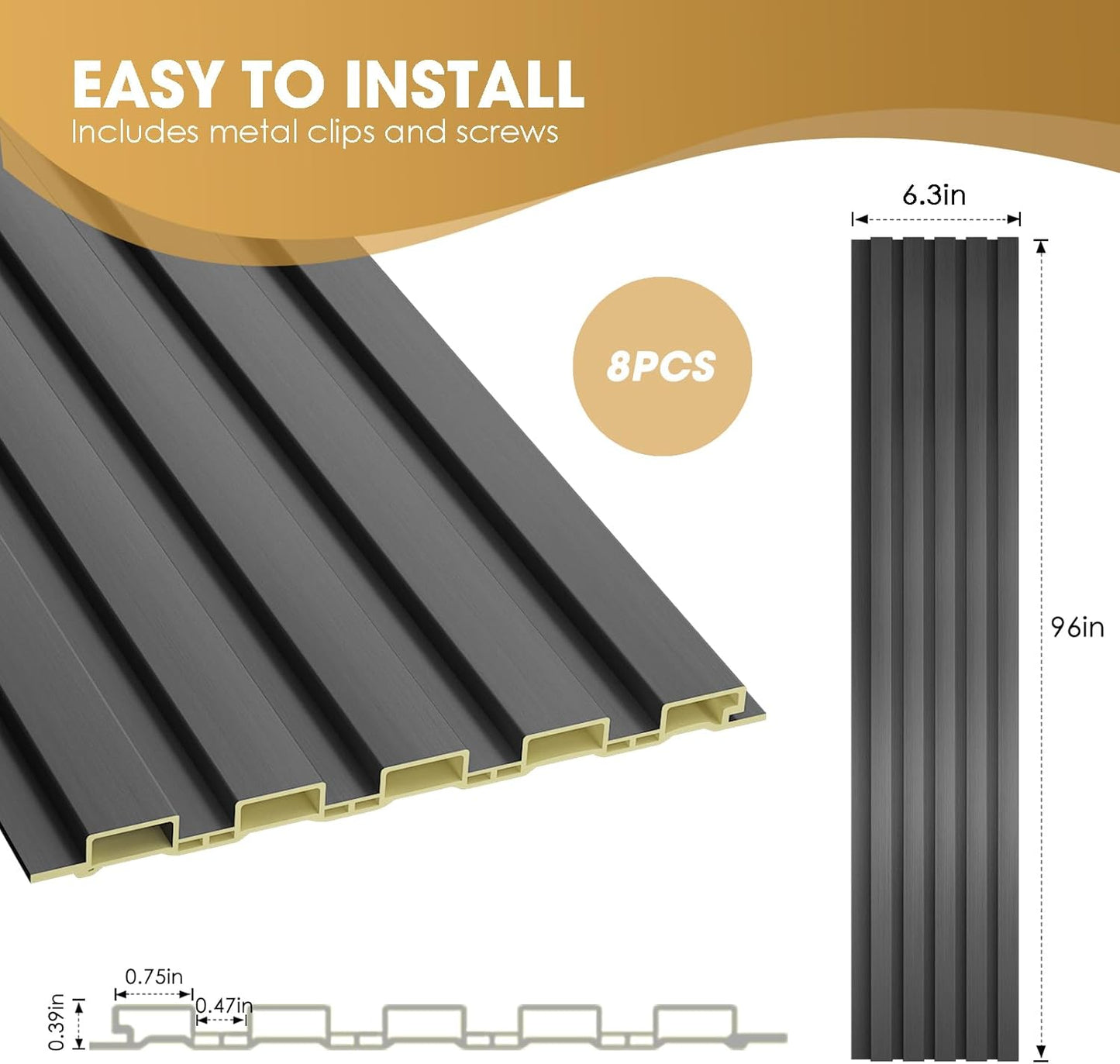 OUZUGIE WPC Acoustic Slat Wall Paneling, 8-Pack 96 x 6 Inches 3D Wall Panels for Interior Wall Decor,Living Room,TV Background,Study Room,Office Spaces,Bedroom,Low Grille (Metallic Dark Gray)