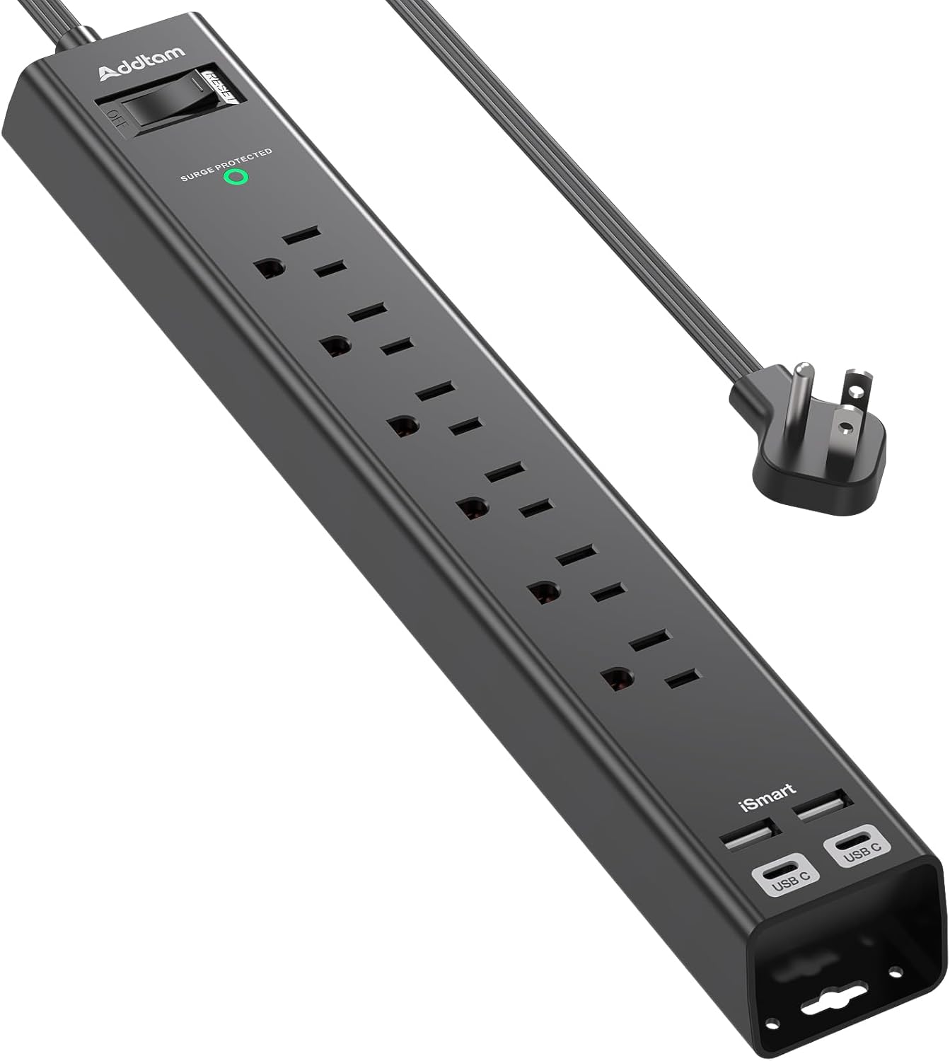 Flat Plug Extension Cord, Addtam 5Ft Surge Protector Power Strip with 6 AC Outlets 4 USB, Wall Mount, Desk Charging Station for Office School College Dorm Room Essentials, ETL Listed