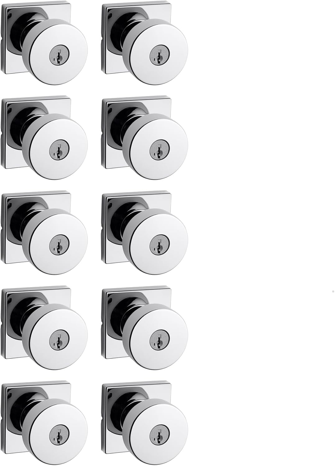 Kwikset Pismo Entry Door Knob with Lock and Key, Secure Keyed Handle Exterior, Front Entrance and Bedroom, Polished Chrome, 10 Pack, Pick Resistant SmartKey Rekey Security