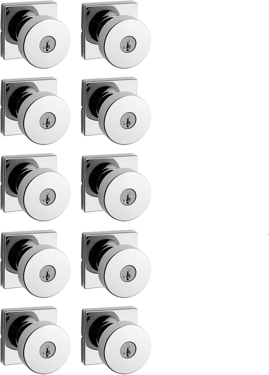 Kwikset Pismo Entry Door Knob with Lock and Key, Secure Keyed Handle Exterior, Front Entrance and Bedroom, Polished Chrome, 10 Pack, Pick Resistant SmartKey Rekey Security