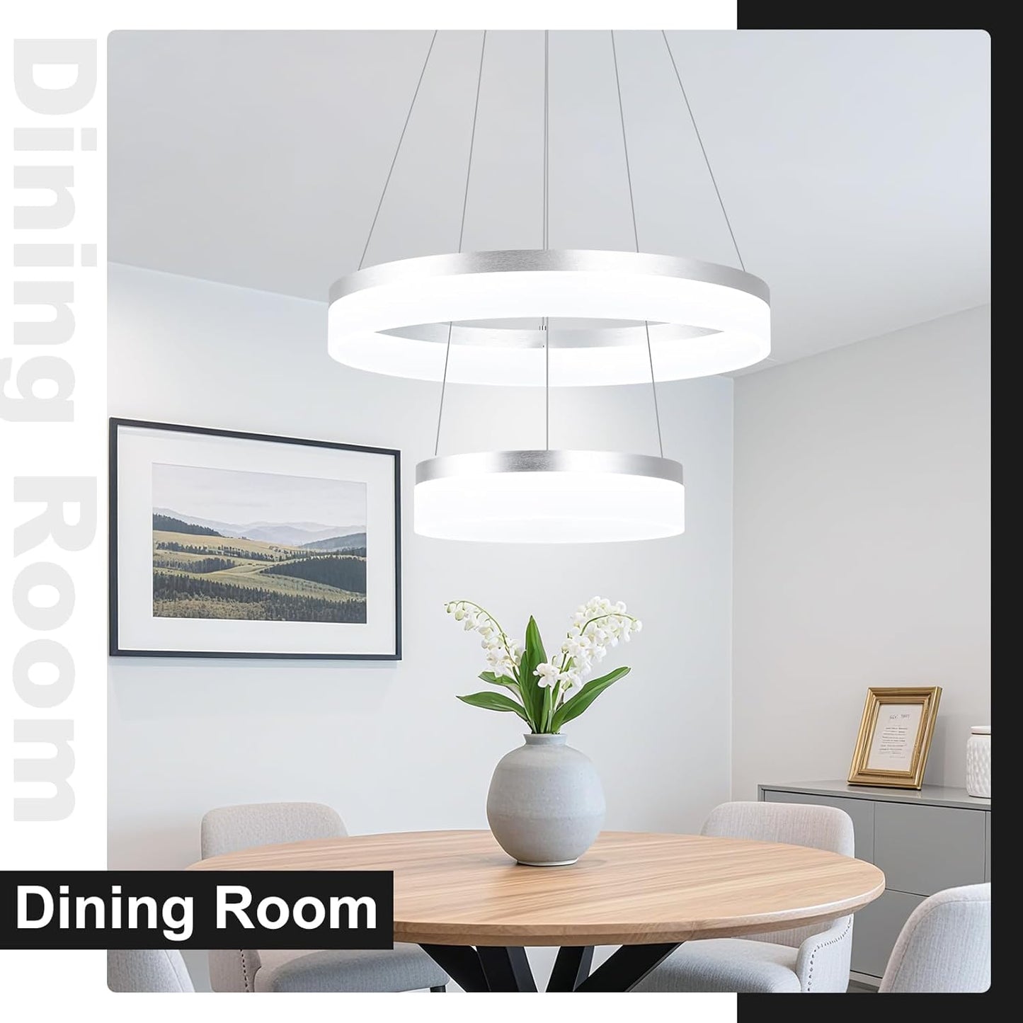 Buccleuch 2-Ring Modern LED Chandelier - Dimmable Silver Round Pendant Light, Height Adjustable ETL-Certified Ceiling Light for Dining Room, Kitchen Island, Living Room, Bedroom, Foyer