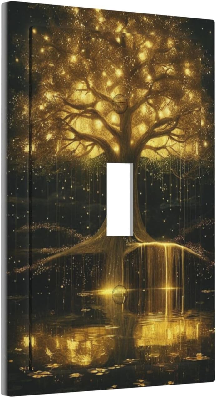 Decorative Light Switch Plate Covers Golden Shining Fantasy Kabbalah Tree of Life 1 Gang Light Switch Cover Plate Single Toggle Wall Plate Outlet Covers Faceplate for Bedroom Home Decor