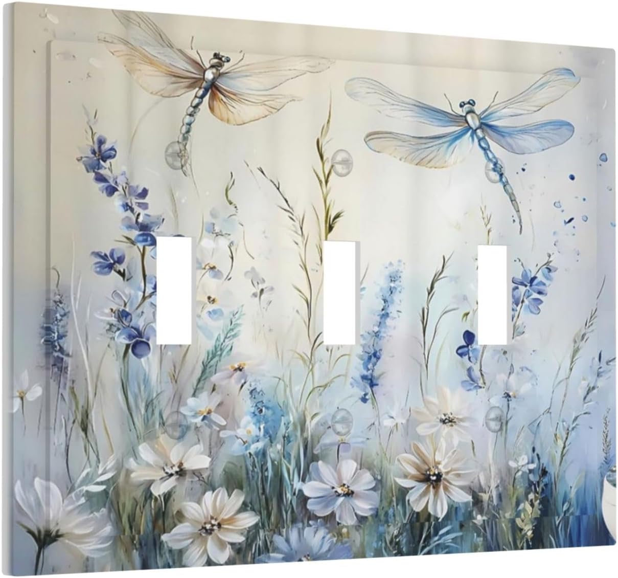 Decorative Light Switch Cover Plate Watercolor Dragonfly Blue Wihte Flower 3 Gang Wall Plates for Electrical Outlets Triple Toggle Switch Plate Covers Outlet Covers Faceplate for Home Decor