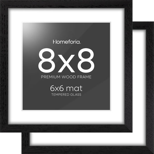 Homeforia 8x8 Picture Frame Black Wood, High-End Oak 8 x 8 Square Frames with Mat 6 by 6 inch Photo, 8x8 Wooden Frame Matted to 6x6 Art, 8by8 Wall or Tabletop Frame, Tempered Glass, Wall Kit, Set of 2