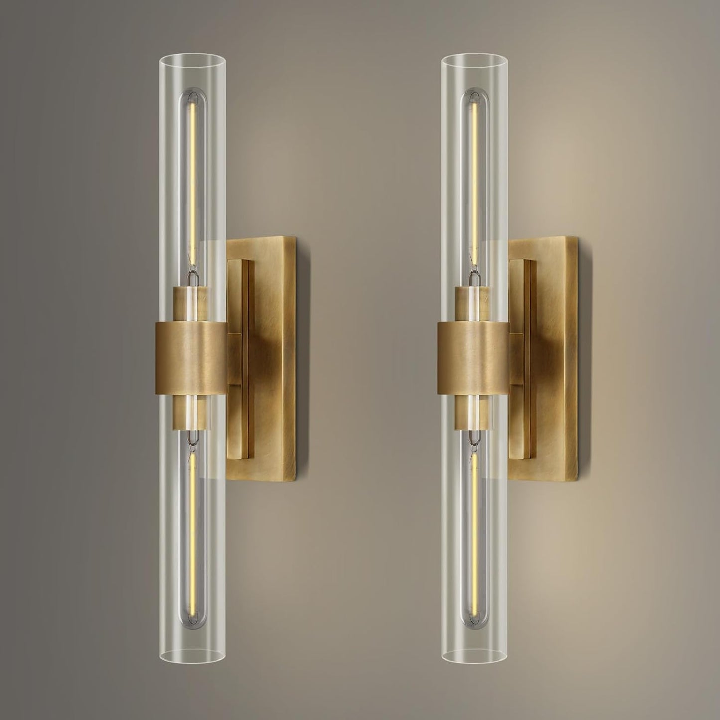 YUYI Brass Wall Sconces Set of Two, 22.8'' Gold Bathroom Sconces Wall Decor with Clear Glass Shade, Indoor Vanity Wall Lights for Bathroom Living Room Bedroom Hallway Fireplace Staircase