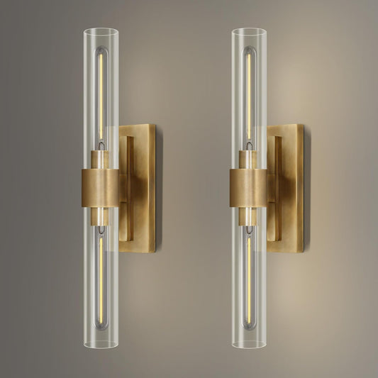 YUYI Brass Wall Sconces Set of Two, 22.8'' Gold Bathroom Sconces Wall Decor with Clear Glass Shade, Indoor Vanity Wall Lights for Bathroom Living Room Bedroom Hallway Fireplace Staircase