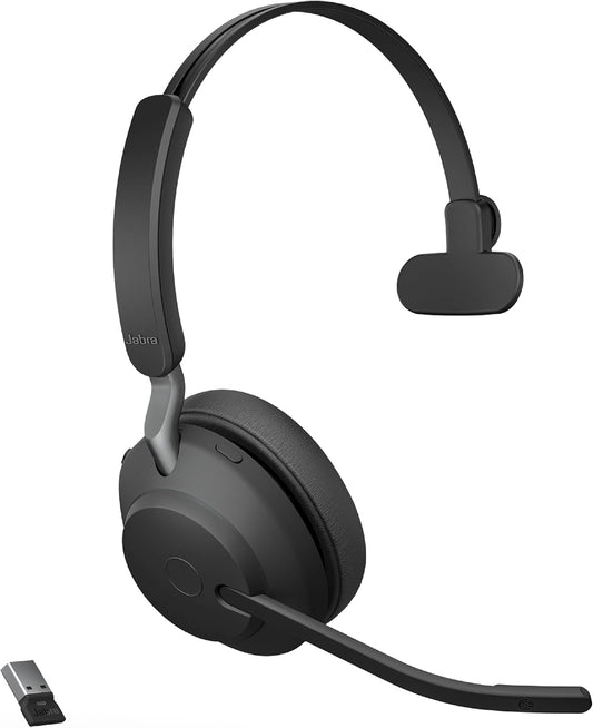 Jabra Evolve2 65 MS Wireless Headset with Link380a, Mono, Black – Wireless Bluetooth Headset for Calls and Music, 37 Hours of Battery Life, Passive Noise Cancelling Headphones