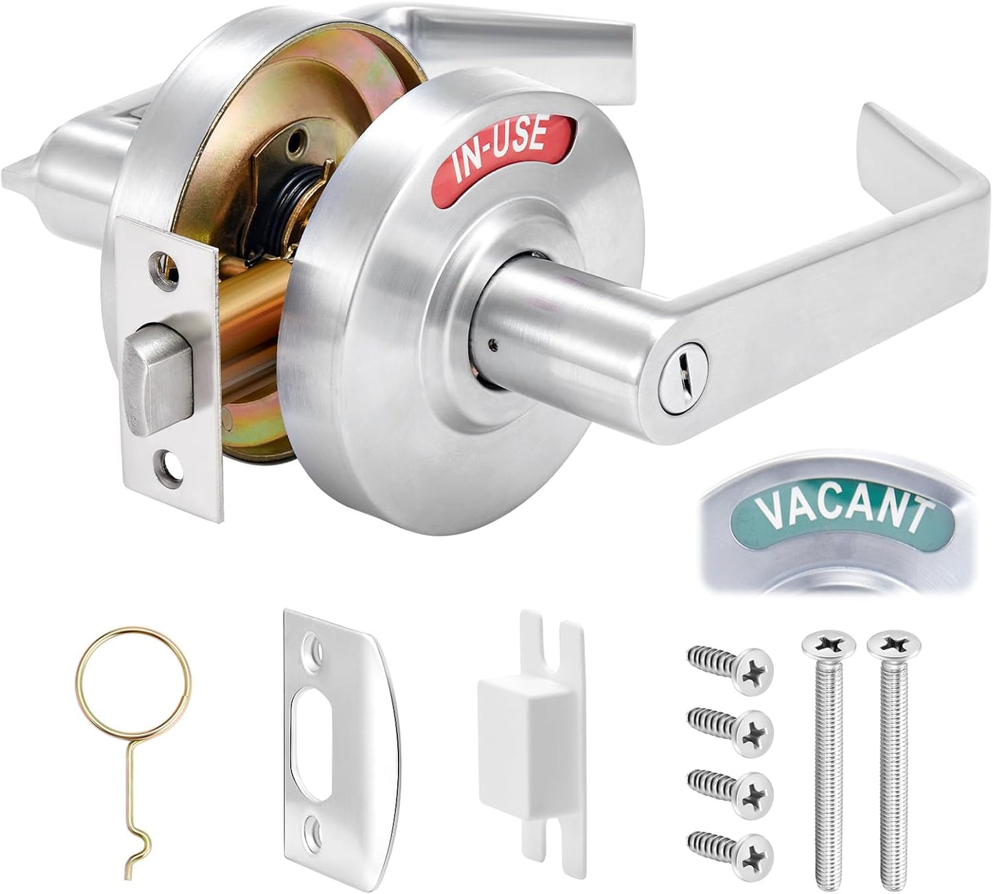 Tandefio 1 Set Vacant Occupied Bathroom Lock, Commercial Door Handle with in-use or Vacancy Occupied Deadbolt, Privacy Indicator Restroom Handle Lock for Restrooms, Satin Chrome (90mm,Silver)
