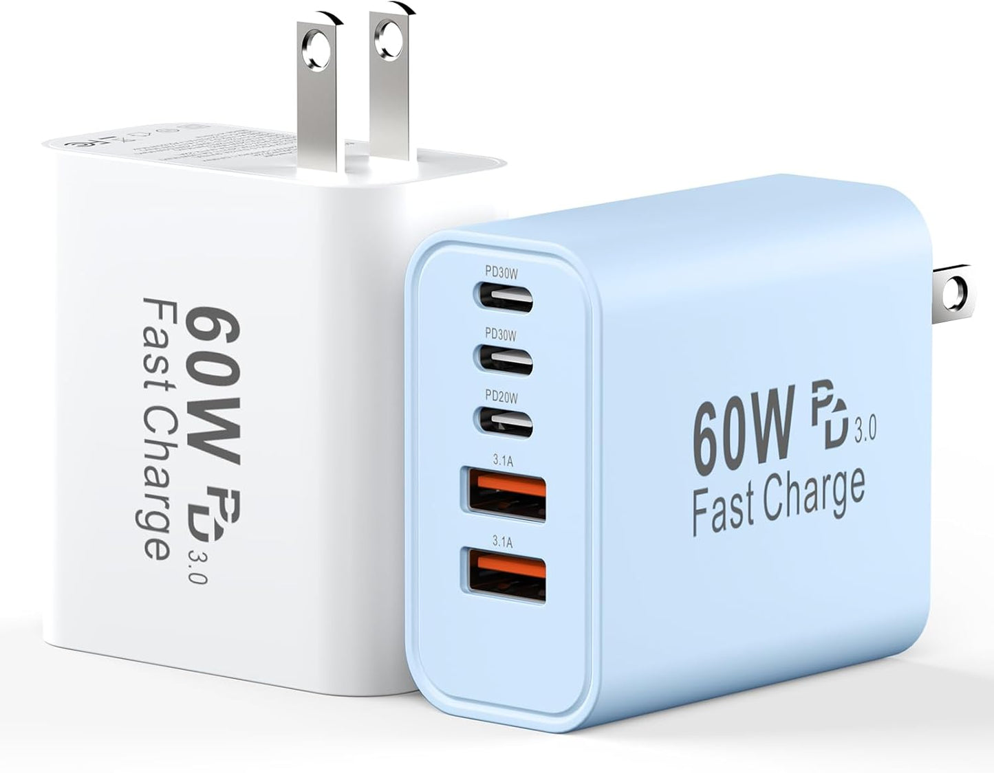 USB C Fast Charger Block, 60W 5-Port USB C Wall Charging Blocks, Type C Chargers Fast Charging Brick, 3USB C+2USB A PD&QC3.0 Multiport Charger Plug for Phone 17/16/15/14/13 Pro Max, White+Blue