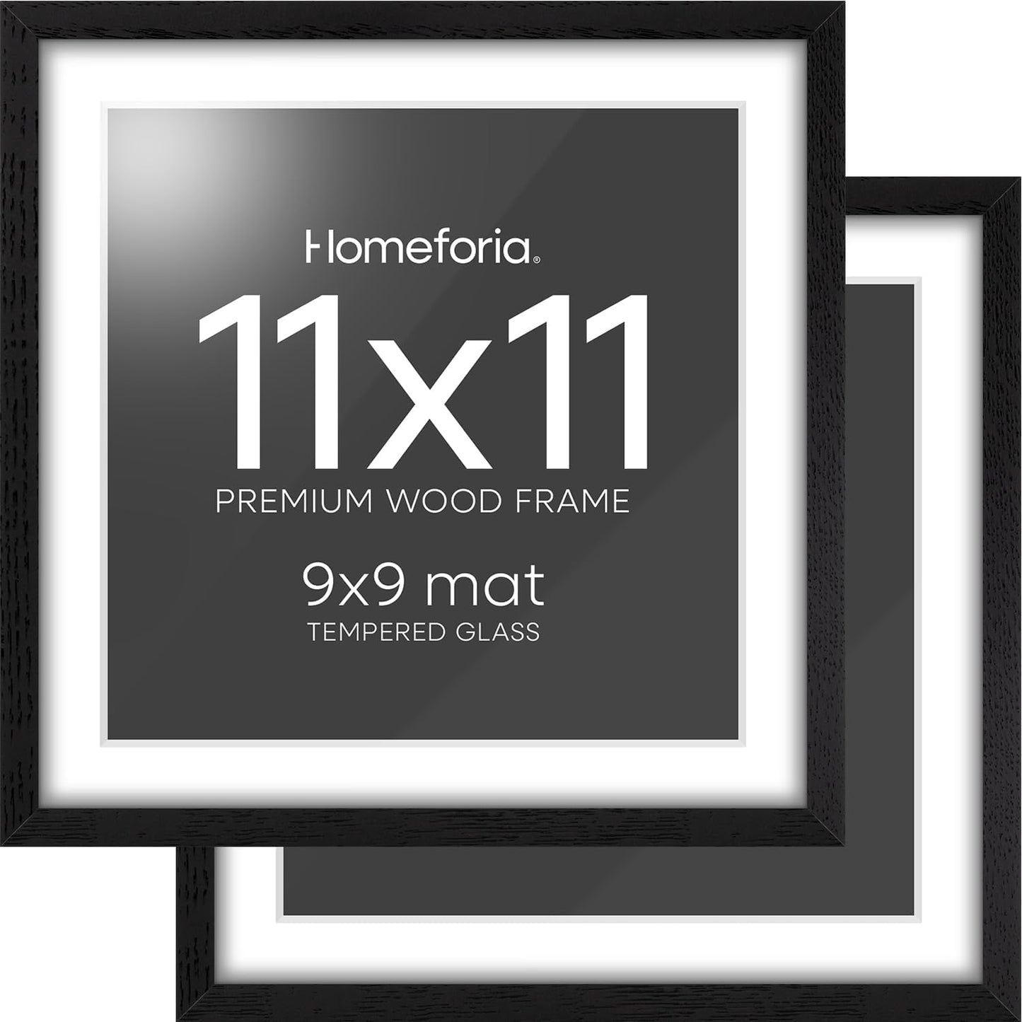 Homeforia 11x11 Black Wood Frame, High-End Oak 11 x 11 Square Picture Frames with Mat 9 by 9 inch Photo, 11by11 Wooden Frame Matted to 9x9 Art, Wall Hanging Frames, Tempered Glass, Wall Kit, Set of 2
