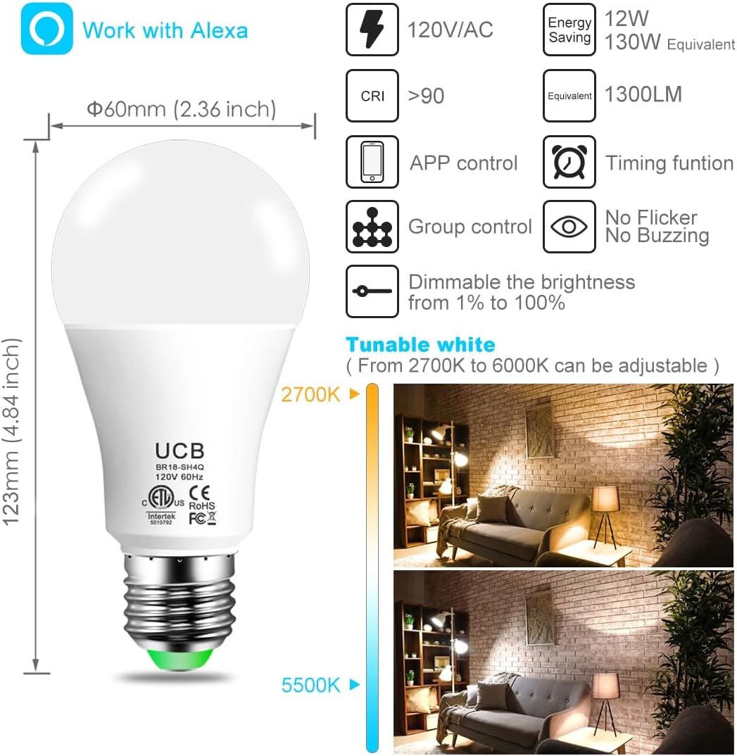 UCB Alexa Light Bulb 1300LM, 12W Smart Light Bulbs Warm White to Daylight Tunable, A19 E26 Bluetooth LED Bulbs for Bedroom Kitchen Living Room Office（12 Pack）