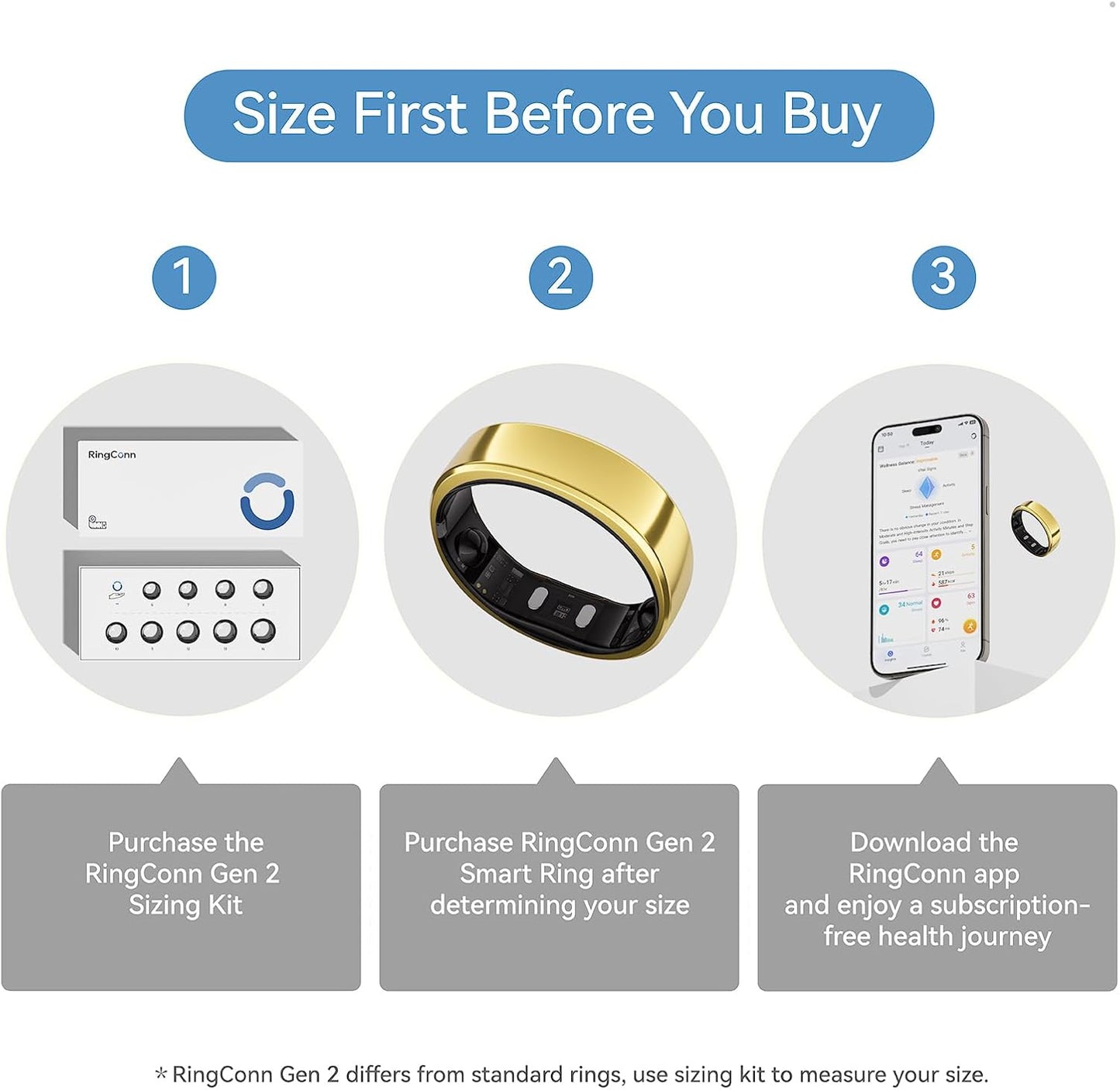 RingConn Gen 2, World’s First Smart Ring with Sleep Apnea Monitoring, No APP Subscription, 12-Day Battery Life, Stress/Heart Rate/Women's Health Tracker, Android & iOS Compatible (Gold, Size 10)