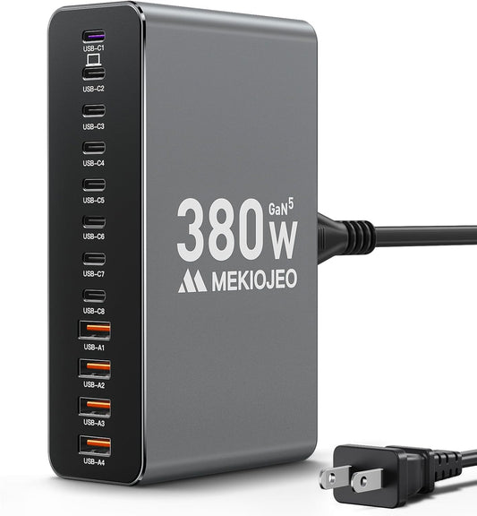 Aluminum Alloy 380W Charging Station Fast USB C Charger Block 12 Ports 65W Laptop GaN Charger for MacBook Pro/Air/iPad Pro/iPhone (Gray)