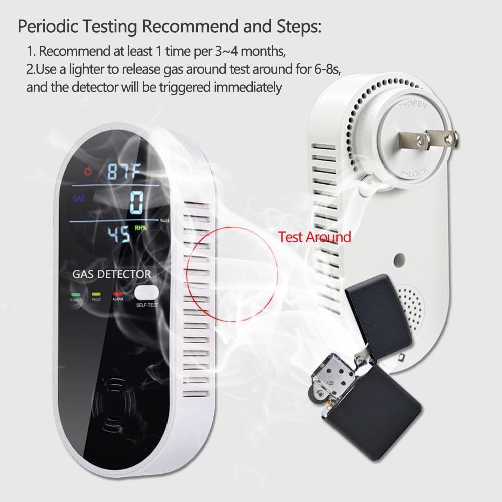 Natural Gas Detector, 3 in 1 Plug-in Propane Gas Detector(Gas, Temperature and Humidity Display), Combustible Gas Detector for Home & RV Gas Leak Detector for LNG, LPG, Methane