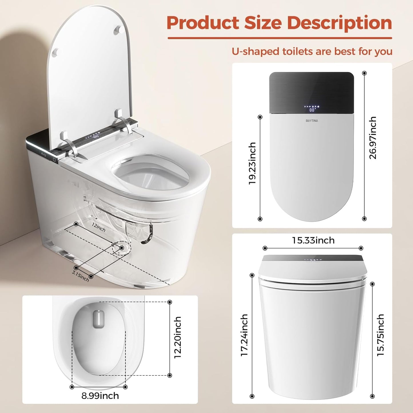 Smart Toilet with Bidet Built in,One Piece Bidet Toilet,Japanese Toilet for Bathroom with Remote Control,Modern Elongated Toilet with heated toilet seat,bidet warm water,Foot Sensor Operation