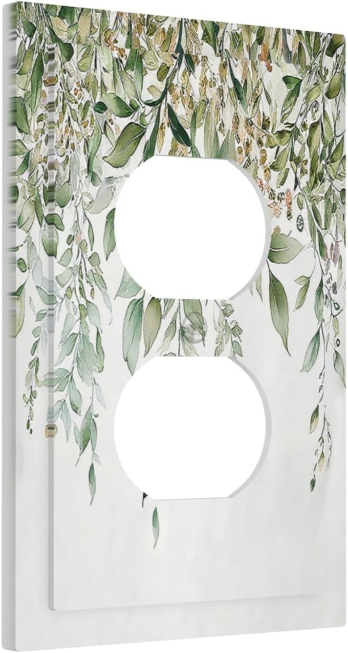 Outlet Covers Sage Green Eucalyptus Watercolor Plant Leaves 1 Gang Duplex Wall Plate Decorative Switch Plates Electrical Receptacle Faceplate Light Switch Cover for Bedroom Bathroom