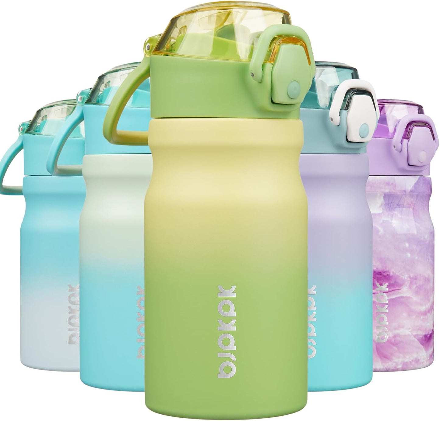 BJPKPK Water Bottle with Straw 14oz Insulated Water Bottles Reusable Stainless Steel Metal Thermal Flask with Leak Proof Lockable Lid and Carry Handle,Lime