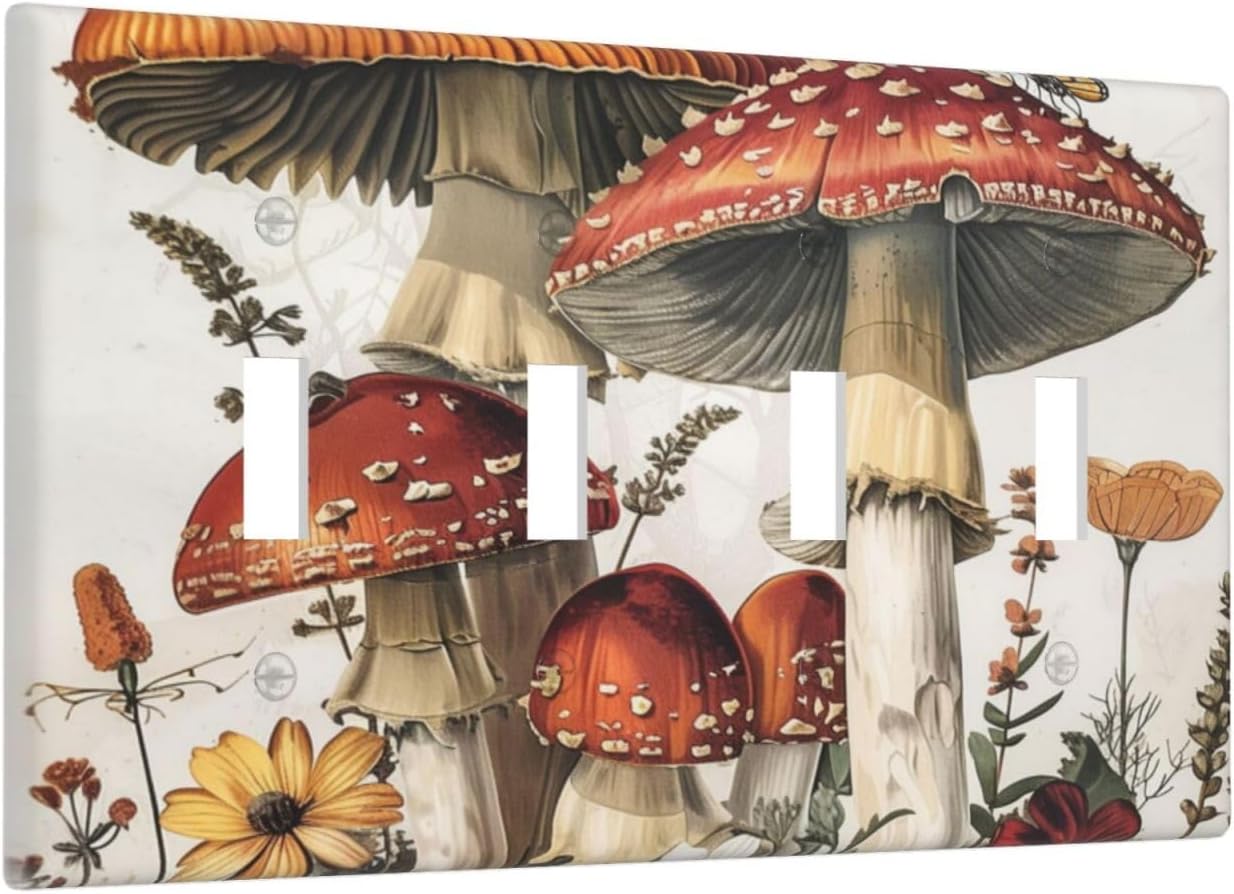Light Switch Covers Mushroom Forest Butterfly Wild Flower Quad Toggle Electrical Faceplate 4 Gang Wall Plate Decorative Switch Plates For Bed Room Living Room Decor