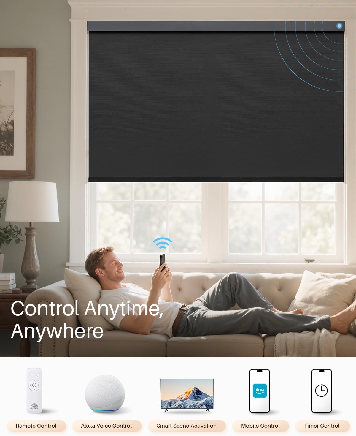 Smart Roller Shades for Windows, Alexa Blackout Motorized Blinds with Remote Control, Easy Install Automatic Electric Blinds for Indoor (43" W x 72" H, Black)