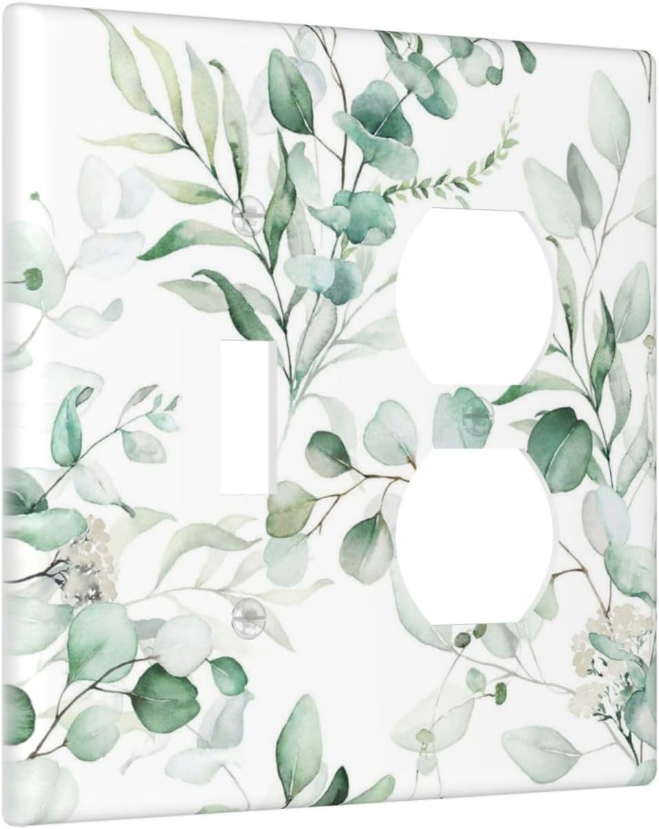 Boho Green Eucalyptus Leaf Floral Plants Flowers Wallplates 1 Toggle 1 Duplex Switch Plate Electrical GFCI Faceplate Decorative Light Switch Covers for Bed Room Living Room Decor