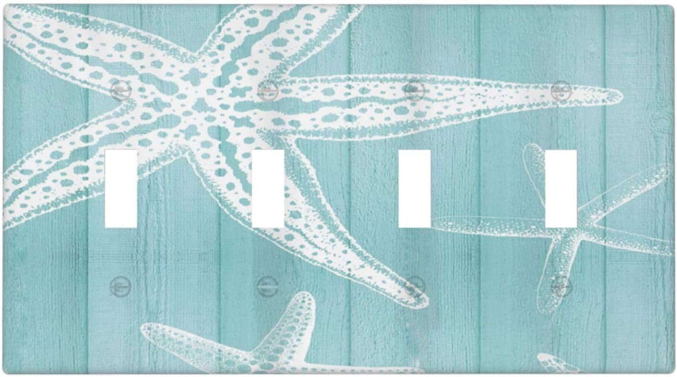 Decorative Light Switch Cover Plate Starfish Teal Wood Board Nautical 4 Gang Wall Plates for Electrical Outlets Quad Toggle Switch Plate Covers Outlet Covers Faceplate for Bedroom Home Decor
