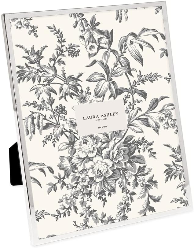Laura Ashley 8x10 Silver Flat Metal Picture Frame (Vertical & Horizontal) w/Two-Way Easel Stand, Black Velvet Backing, Wall-Mountable, Made for Tabletop, Desk, Wall Display, Home Décor (8x10, Silver)