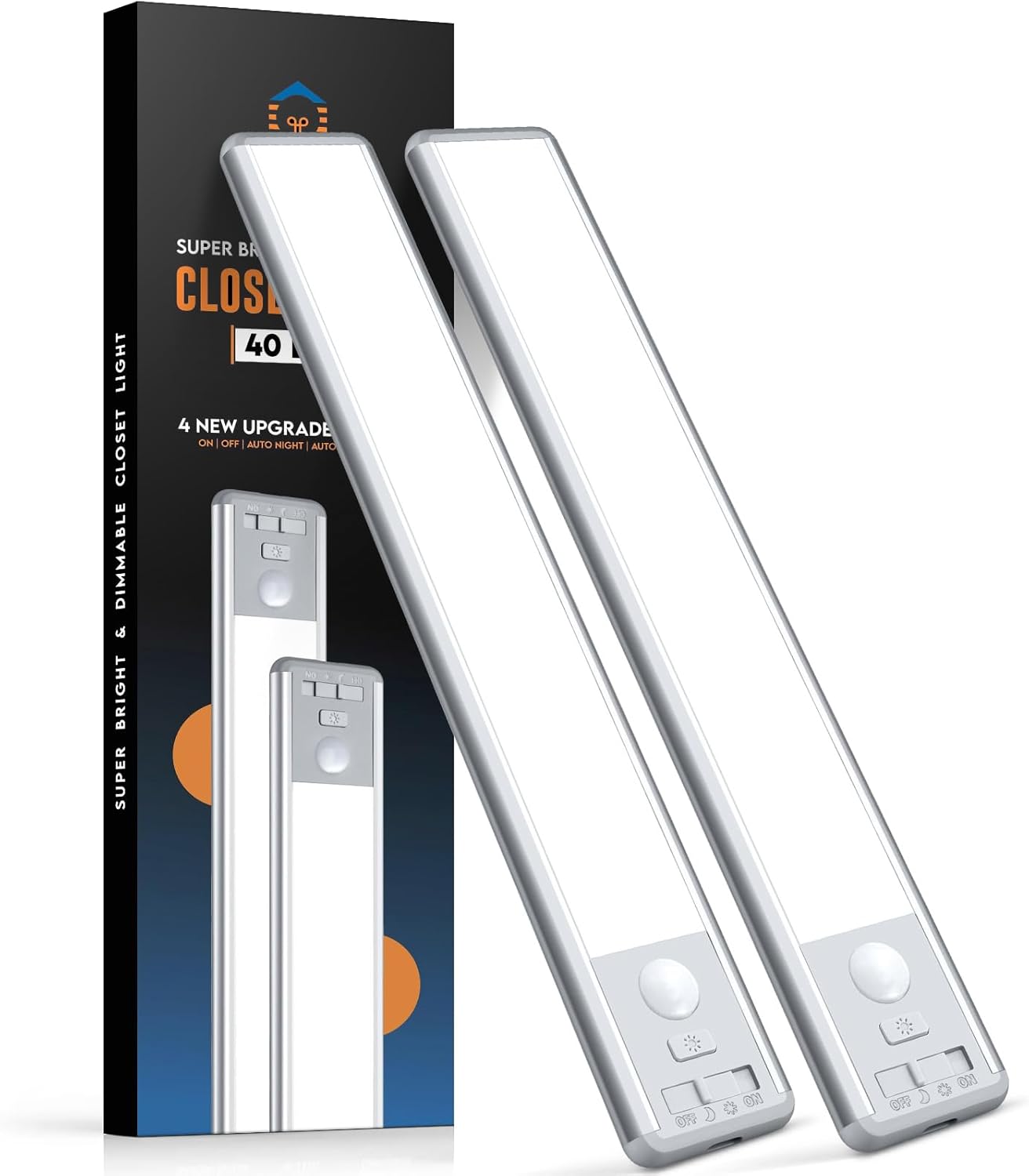 Under Cabinet Lighting, 40 LED Motion Sensor Light Indoor Rechargeable, 1800mAh Closet Lights Battery Operated for Kitchen Cabinets, Shelves, Walls (2 Pack)
