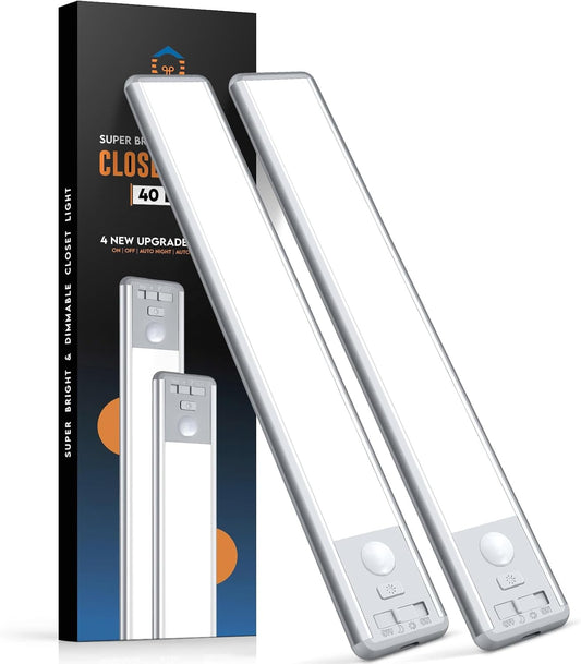 Under Cabinet Lighting, 40 LED Motion Sensor Light Indoor Rechargeable, 1800mAh Closet Lights Battery Operated for Kitchen Cabinets, Shelves, Walls (2 Pack)