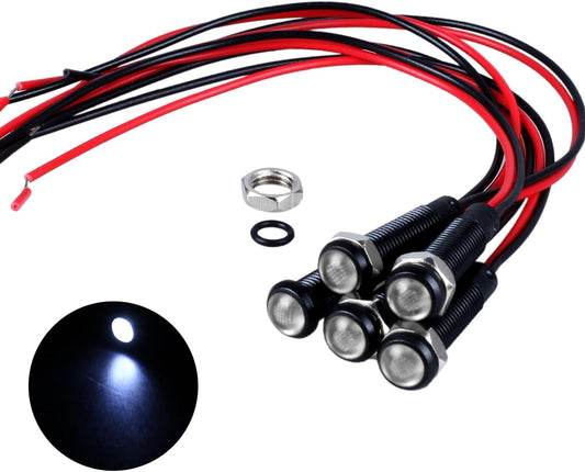 5pcs 6mm LED Indicator Light Plastic Black Signal Dot Lamp 12V-24V 1/4" Mounting Hole Size with 15cm/5.9in. Wire (White LED)