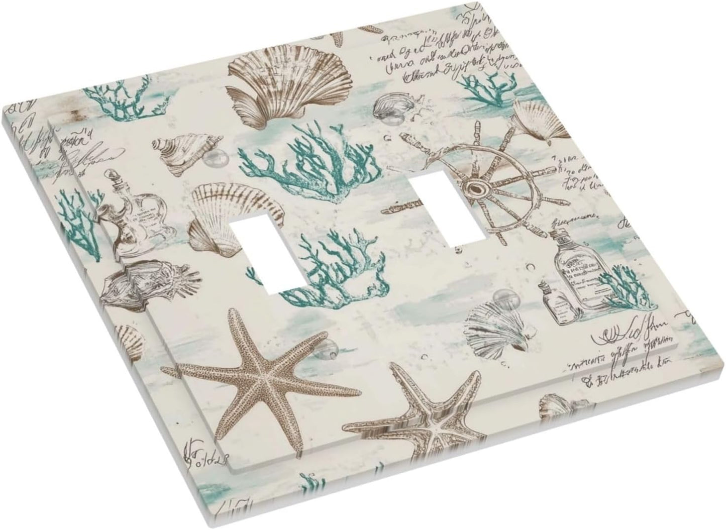 Mid Century Seashells Starfish Compass Decorative Switch Plates 2 Gang Double Toggle Outlet Light Switch Cover Wall Plate Electrical Faceplate For Nursery Kids Room Decor