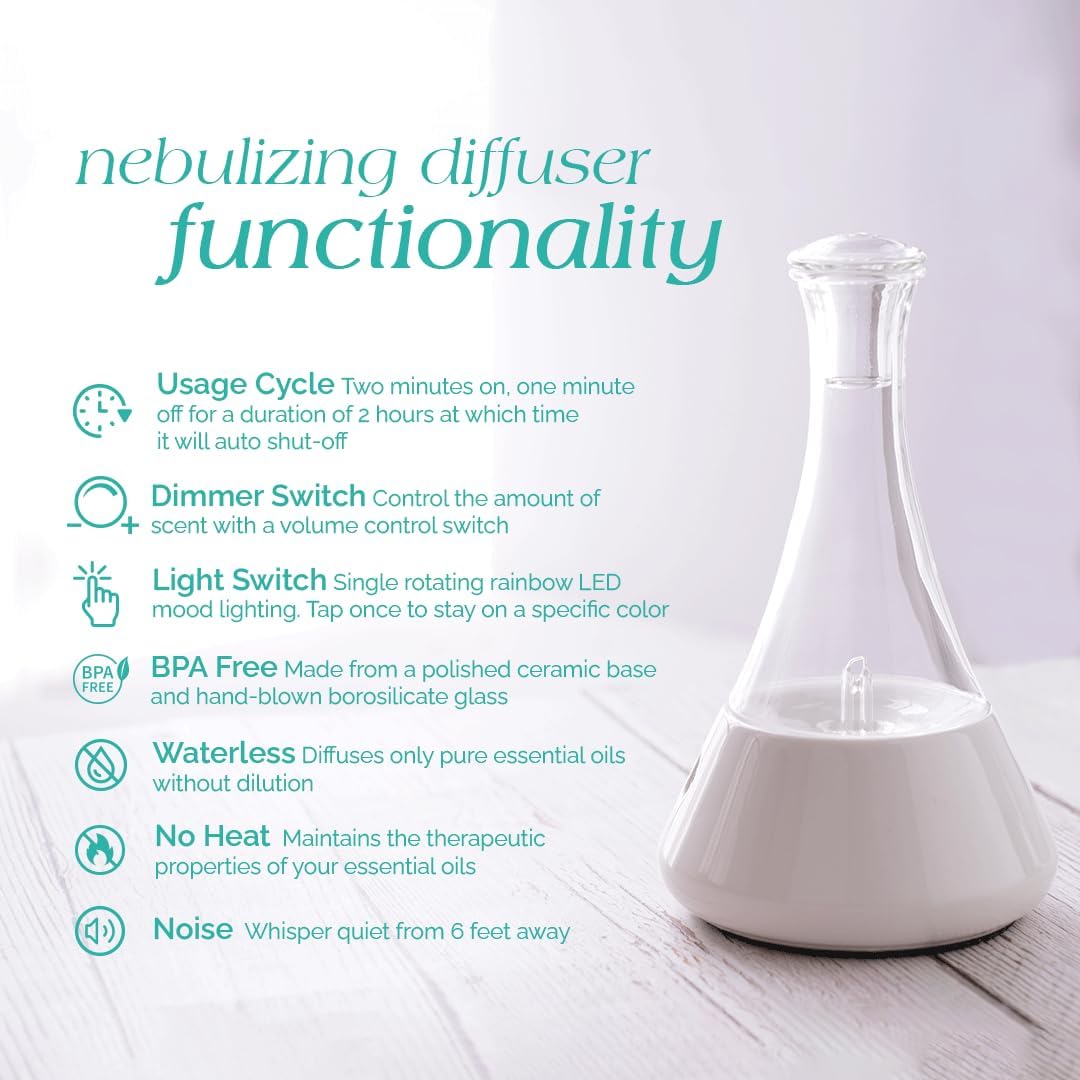 Opulence - Nebulizing Diffuser for Essential Oil/Aromatherapy with Blue Vine Ceramic Base and Blue Hand-Blown Glass with Touch Sensor Light Switch - No Heat, No Water, No Plastic … (Blue Vine)