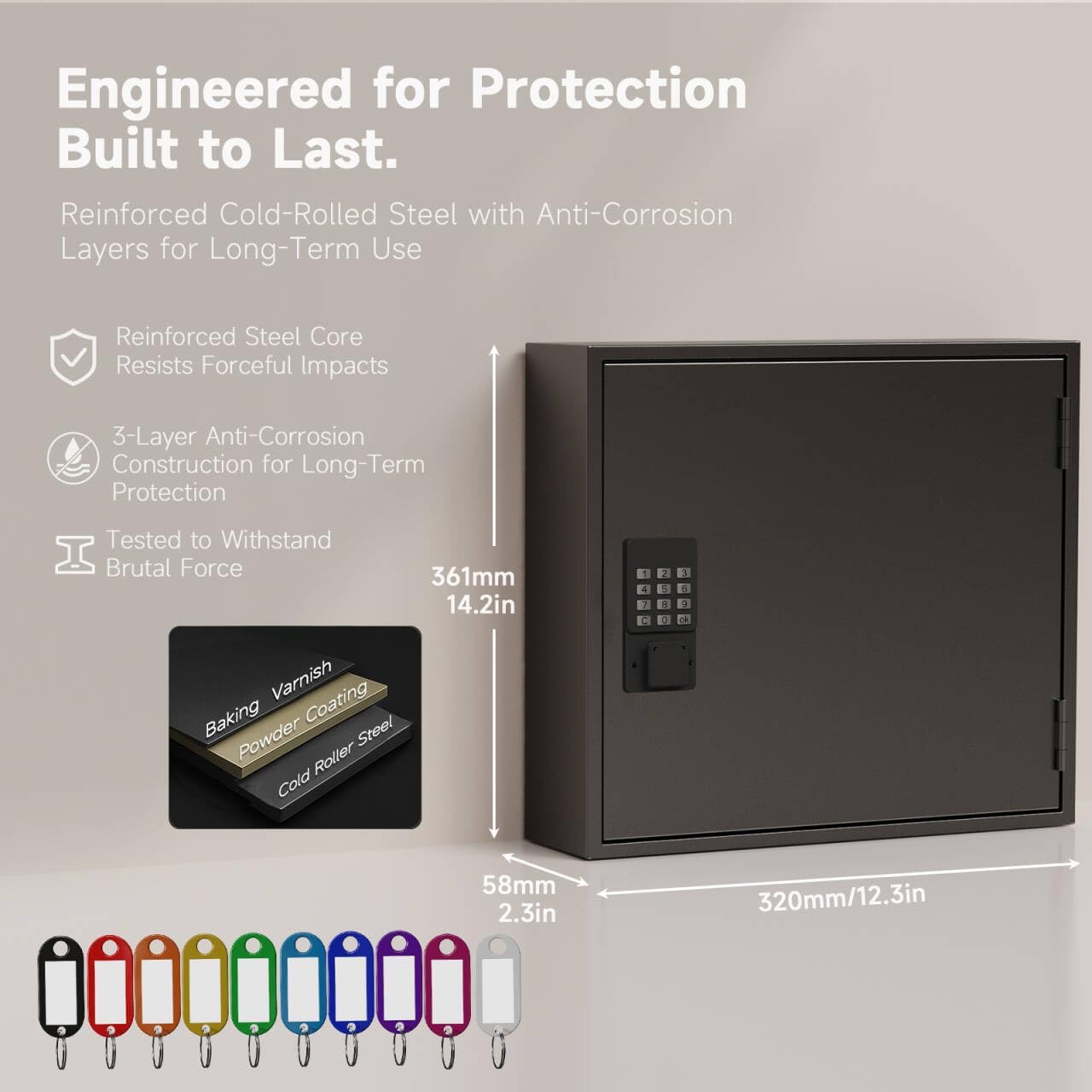 WeHere Smart Key Lock Box, Wall Mounted Key Cabinet with 90 Key Tags, Bluetooth App Control, OTP & Password Unlock, Wi-Fi Remote Unlock (Bridge Required), Steel Key Safe for Office Home Business