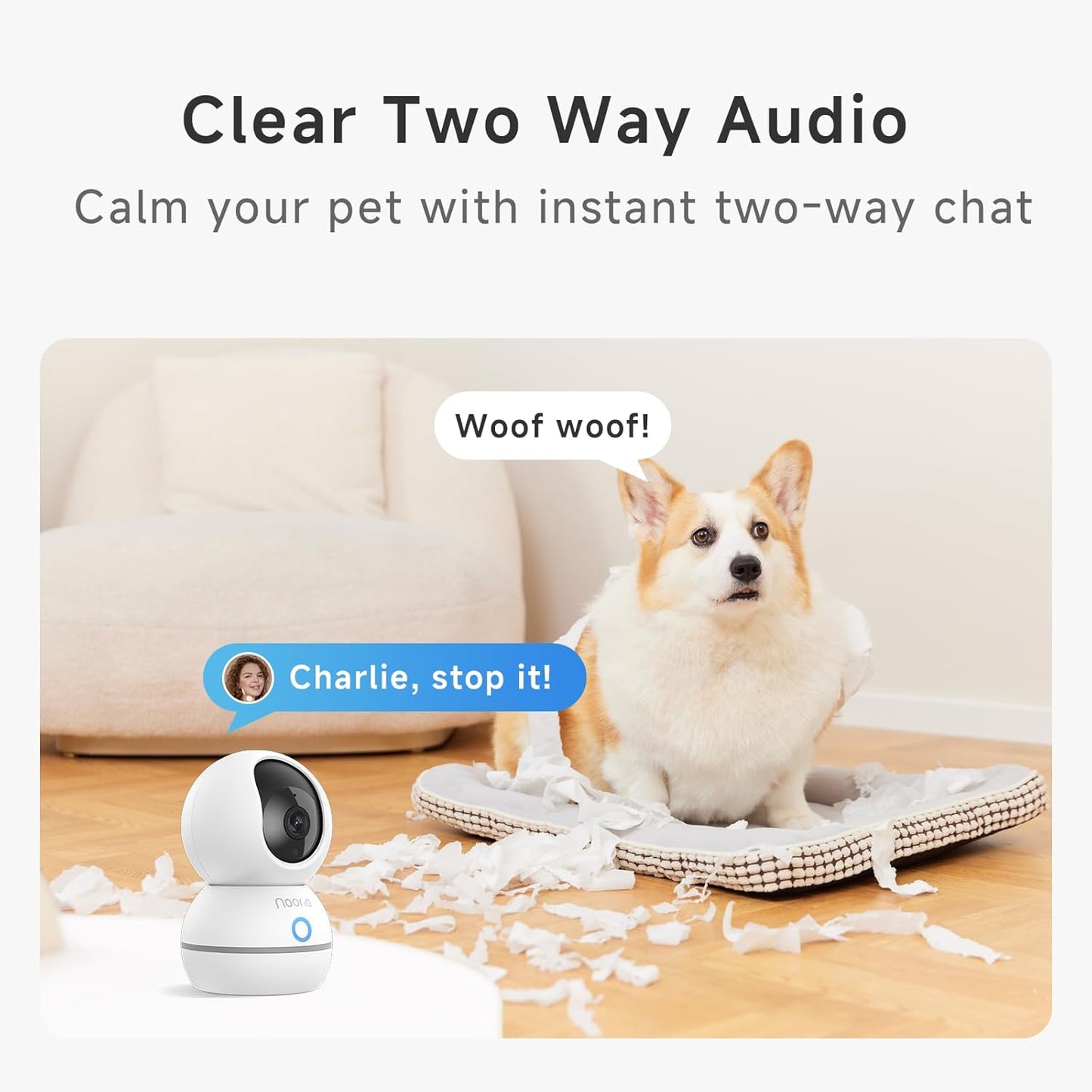 Noorio 2K Indoor Security Camera, Pet Camera with Speaker Pan&Tilt, One Click Call Baby Monitor Night Vision