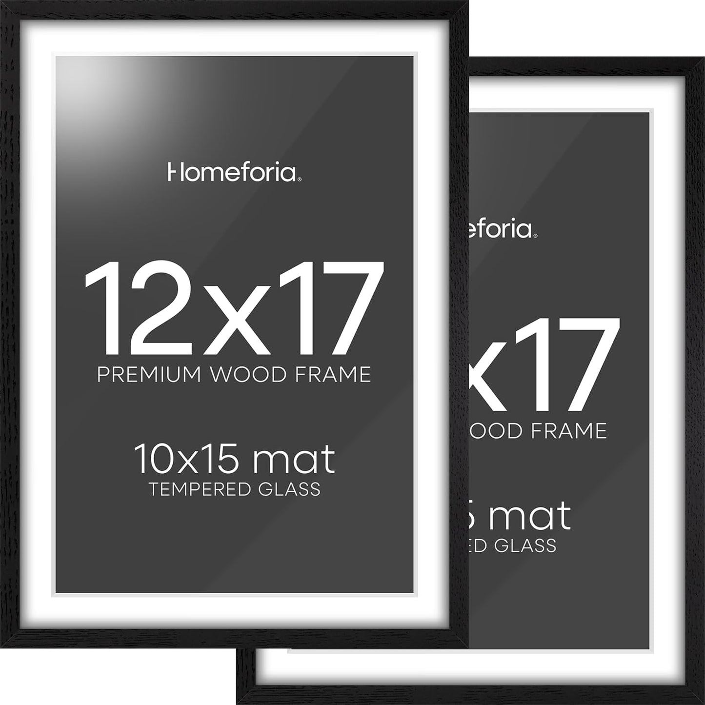 Homeforia 12x17 Picture Frame Black Wood, High End Oak 12x17 Poster Frames with Mat 10x15 Photo, 12 x 17 Wooden Frame Matted to 10 by 15 Print, 17x12 Hanging Frames, Tempered Glass, Wall Kit, Set of 2