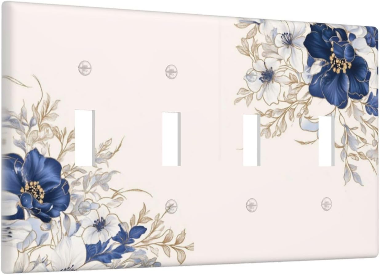 Decorative Light Switch Cover Plate Rustic Blue White Flowers Floral Penoy 4 Gang Wall Plate Oversized Quad Toggle Switch Cover Plate Jumbo Face Plate for Bedroom Decor