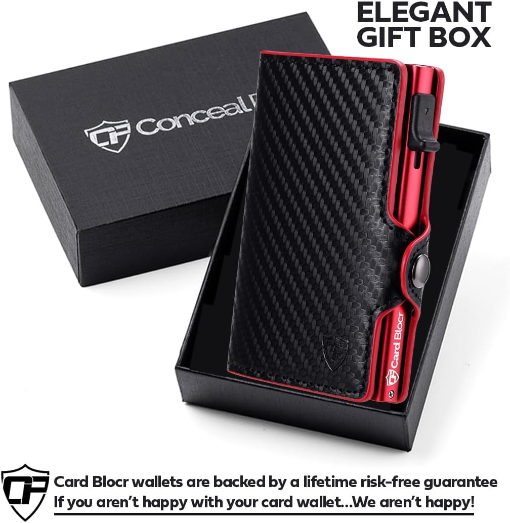 Conceal Plus Mens Wallet Credit Card Holder, Smart Pop Up RFID Wallet, Slim Minimalist Carbon Fiber Front Pocket Card Case, Compact Travel Wallet RFID Blocking, Holds 4-6 Standard Cards Plus Cash & ID