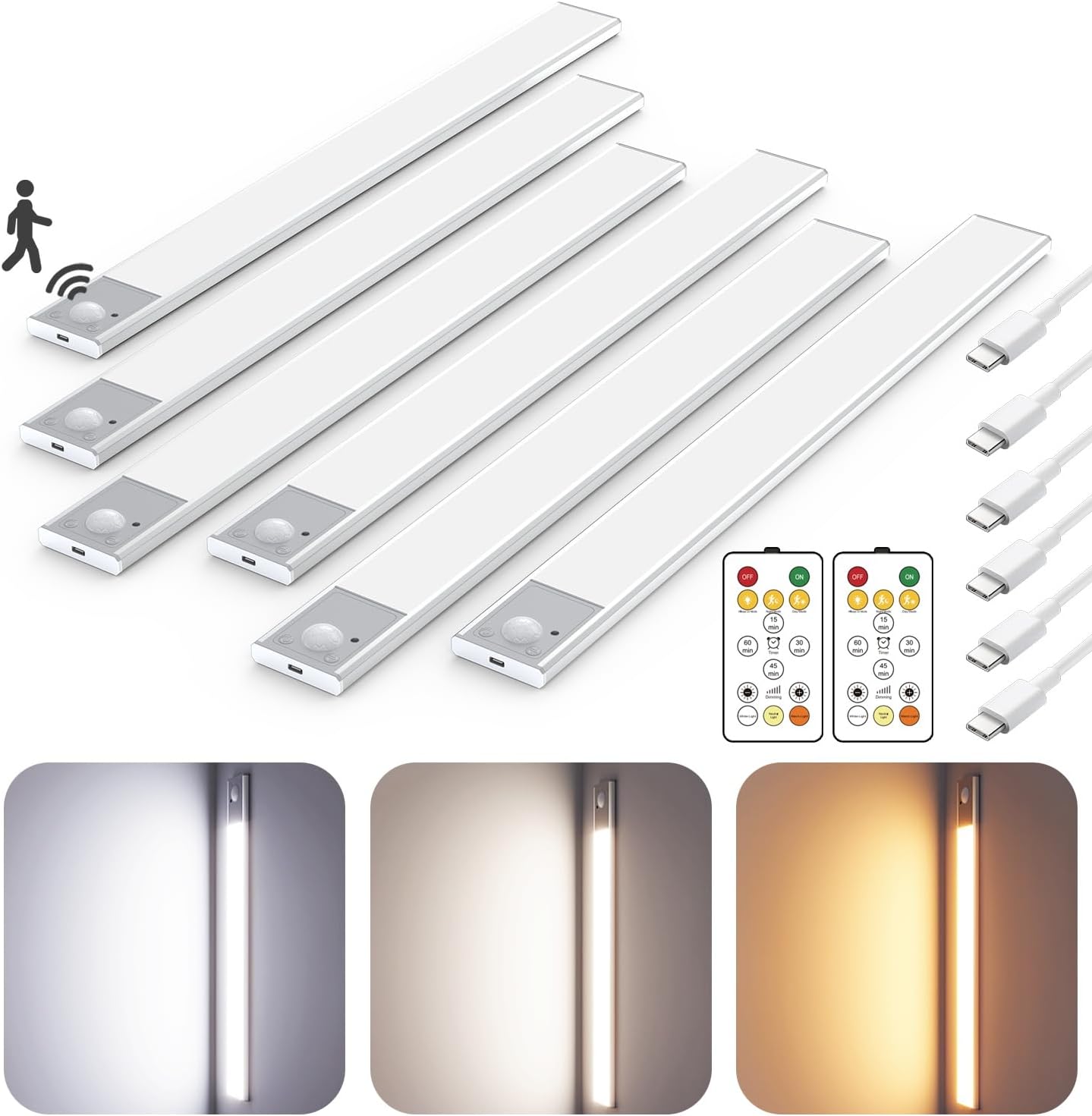 16" Ultra-Thin Under Cabinet Lighting Wireless, Aluminum Alloy Under Counter Lights for Kitchen, 3-Color-Temps Magnetic Closet Lights, Rechargeable Motion Sensor Light Indoor (6 Pack, Silver)