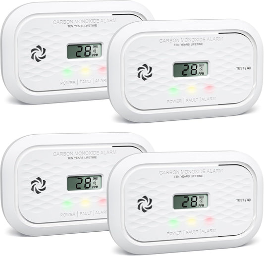 4 Packs Carbon Monoxide Detectors,10 Year Battery Carbon Monoxide Alarm, CO Detector with LCD Display, 3 LED Lights CO Alarm for Home